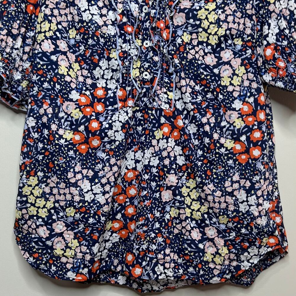 Talbots Floral Print Short Sleeve Blouse Size M Ruffle Trim Smocking - Picture 3 of 9